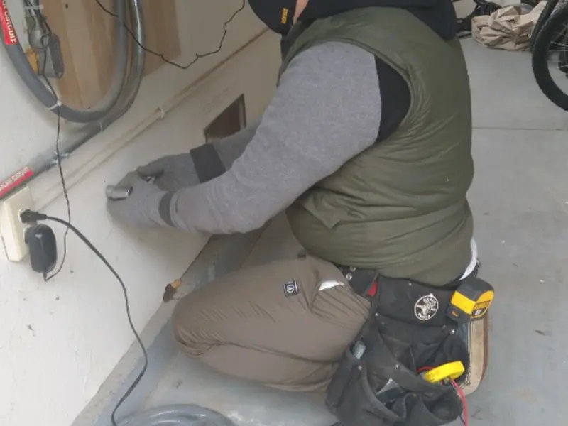 Electrician performing outlet wiring in a Huntsville garage